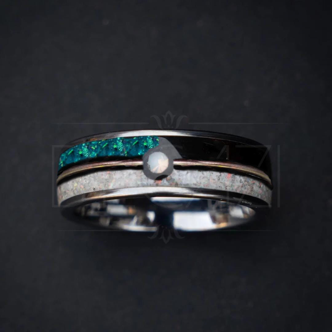 Flat tungsten ring with Moon ball, peacock green opal and black pigment, with platinum wire and 1 cubic zirconia stone 8 mm for Jorge