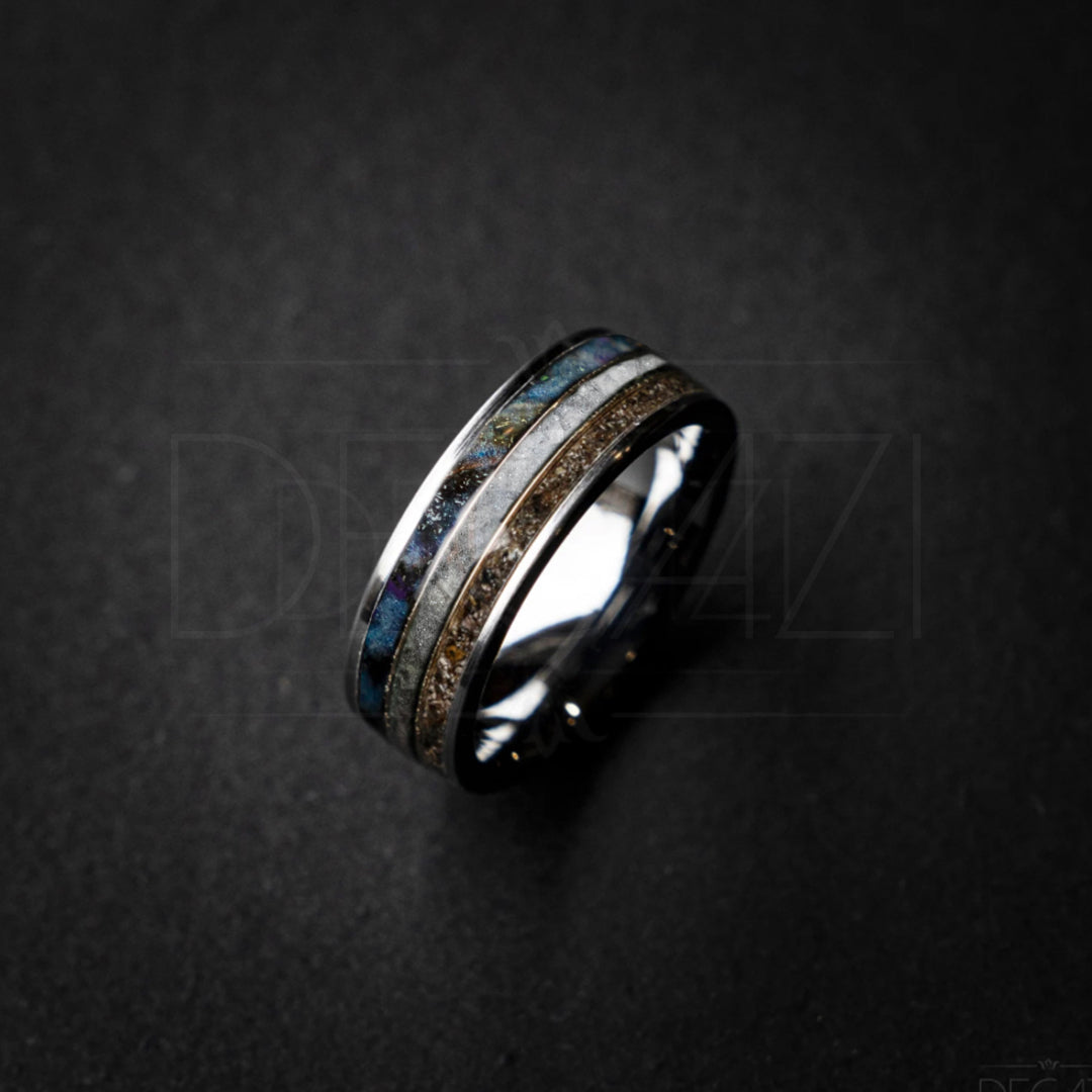 Flat tungsten ring filled with Muonionalusta meteorite mixed with galaxy opal, moonstone and trex divided by two yellow golden wires 8 mm for Olivia