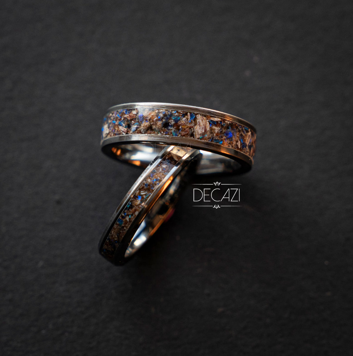 Flat/Beveled tungsten ring filled with Purple fire opal and Tyrannosaurus Rex for Gio