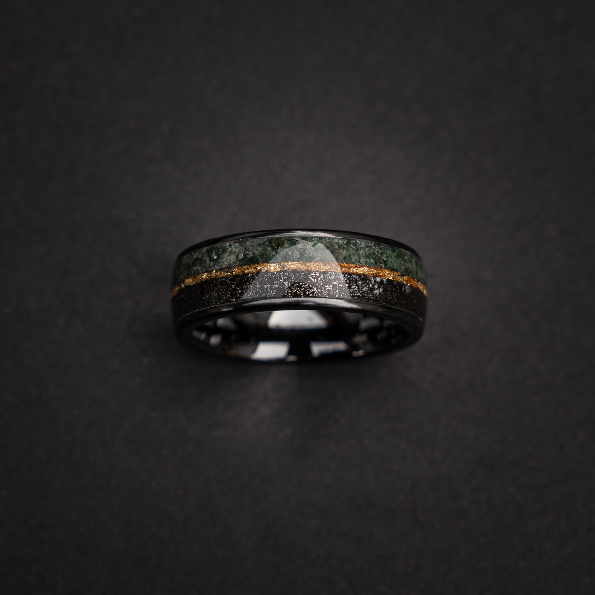 Ceramic black ring filled with Moss Agate and Muonionalusta Meteorite divided by Gold Leaf - Decazi