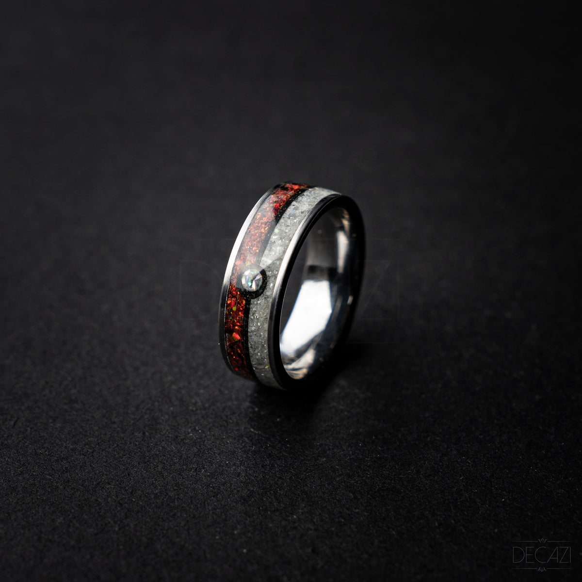 Poke ball silver tungsten ring with Red and White opal and 1 Cubic Zirconia stone and Aqua glow 8 mm - Decazi