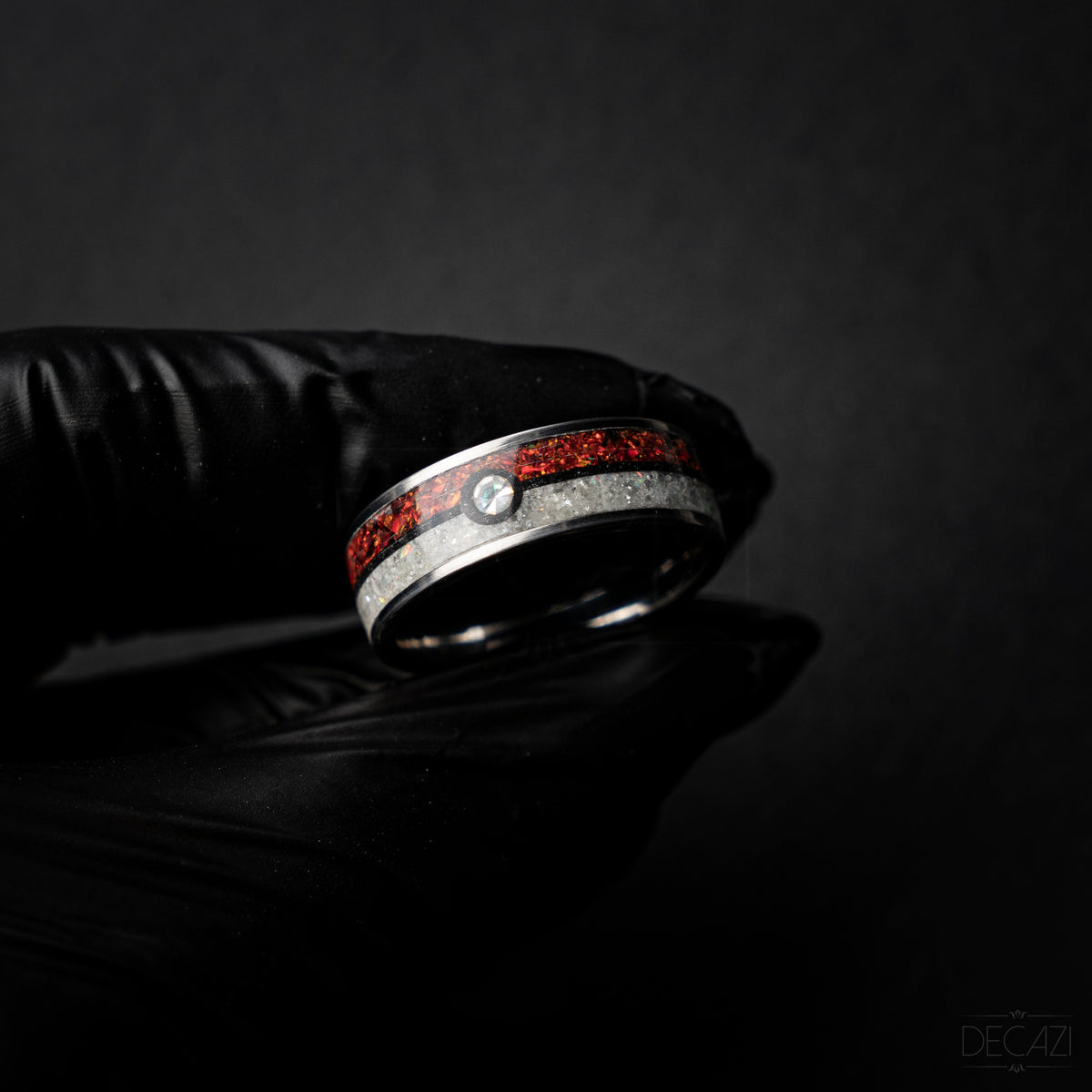 Poke ball silver tungsten ring with Red and White opal and 1 Cubic Zirconia stone and Aqua glow 8 mm - Decazi