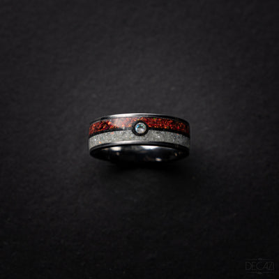 Poke ball silver tungsten ring with Red and White opal and 1 Cubic Zirconia stone and Aqua glow 8 mm - Decazi