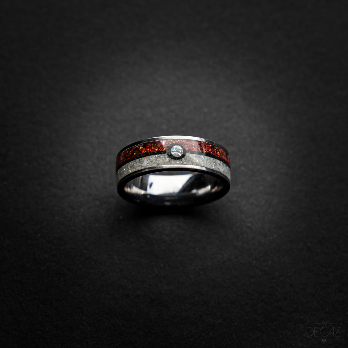 Poke ball silver tungsten ring with Red and White opal and 1 Cubic Zirconia stone and Aqua glow 8 mm - Decazi