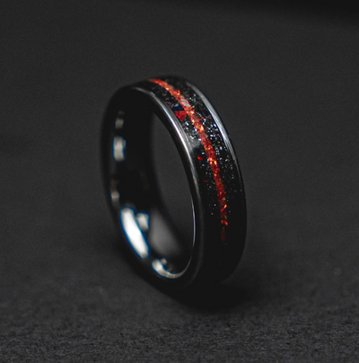 Flat tungsten ring filled with meteorite and red opal line 6 mm for Jessica - Decazi