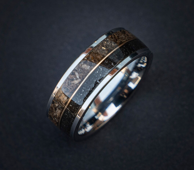 Flat tungsten ring filled with T-rex and meteorite divided by golden wire 8 mm for Adam - Decazi
