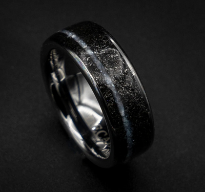 Flat tungsten ring filled with crushed pearl and meteorite 6 mm for Iris - Decazi