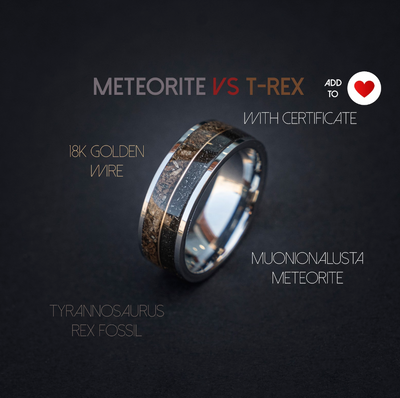 Flat tungsten ring filled with T-rex and meteorite with 18k golden wire in the middle 8 mm for Laura - Decazi