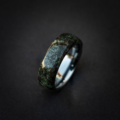 Genuine Moss Agate mixed with Muoninalusta meteorite on Silver Tungsten Ring Core