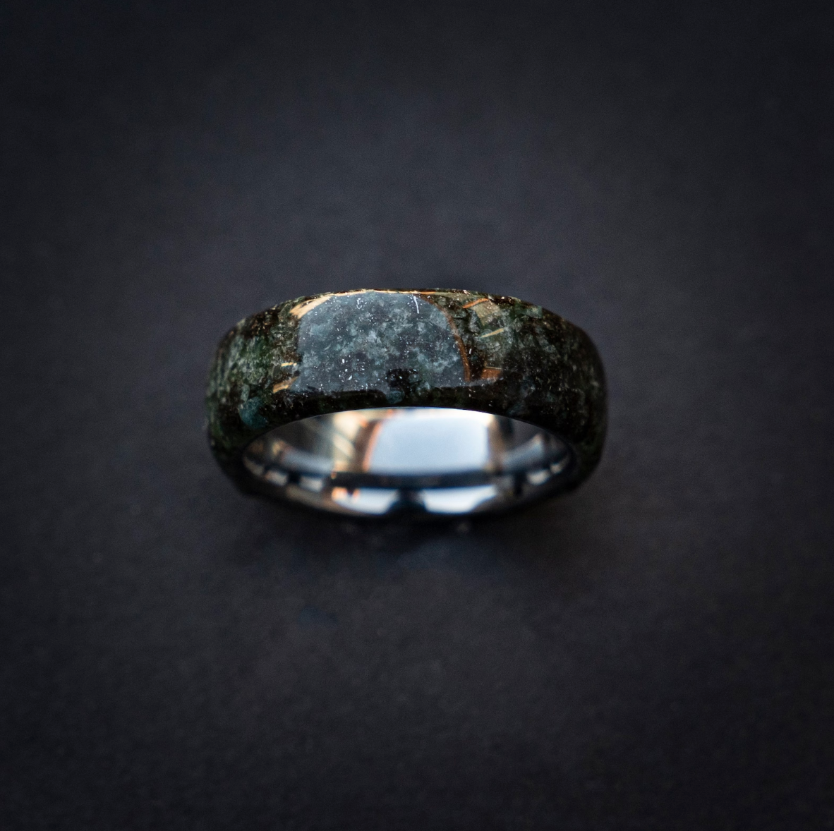 Genuine Moss Agate mixed with Muoninalusta meteorite on Silver Tungsten Ring Core