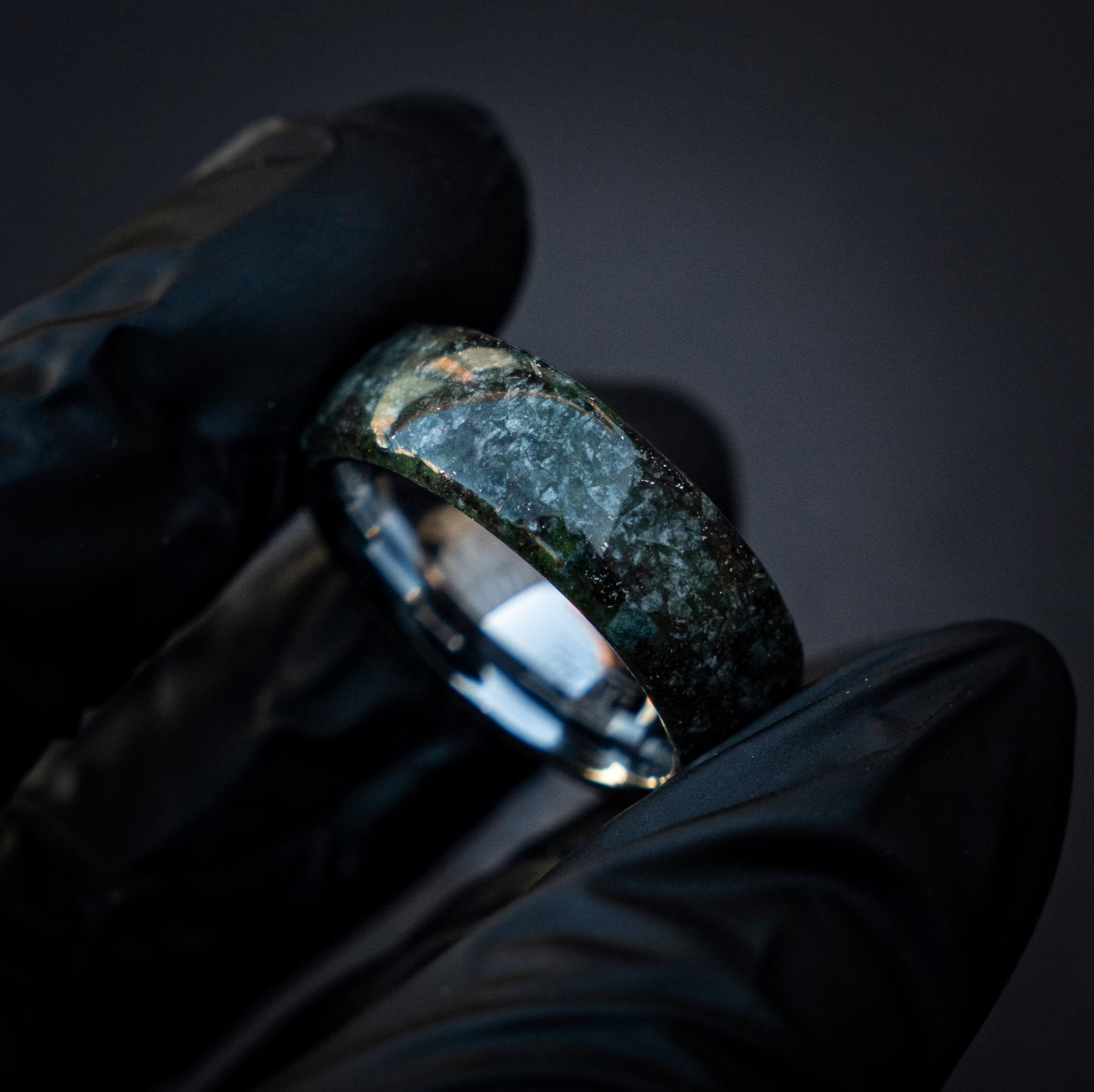 Genuine Moss Agate mixed with Muoninalusta meteorite on Silver Tungsten Ring Core