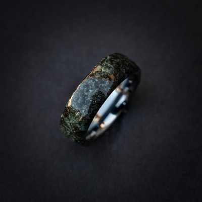 Genuine Moss Agate mixed with Muoninalusta meteorite on Silver Tungsten Ring Core