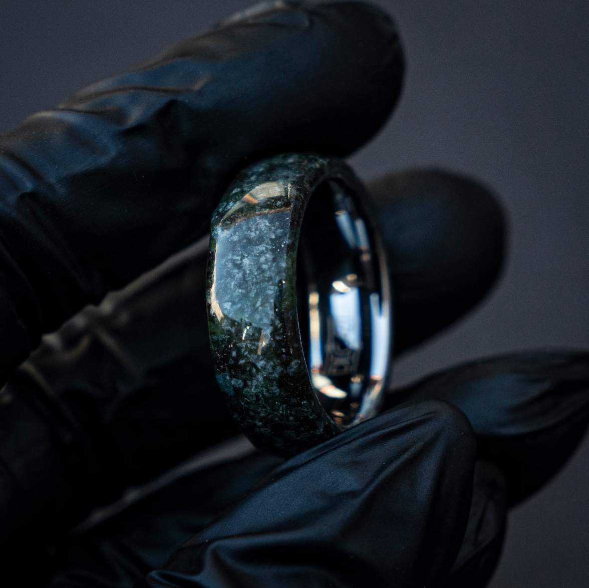 Genuine Moss Agate mixed with Muoninalusta meteorite on Silver Tungsten Ring Core