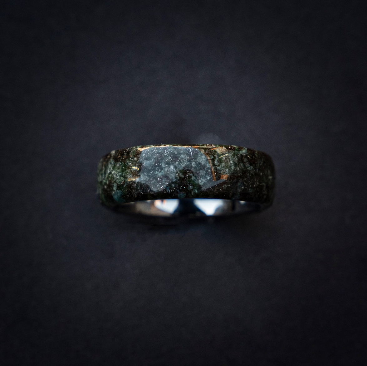 Genuine Moss Agate mixed with Muoninalusta meteorite on Silver Tungsten Ring Core