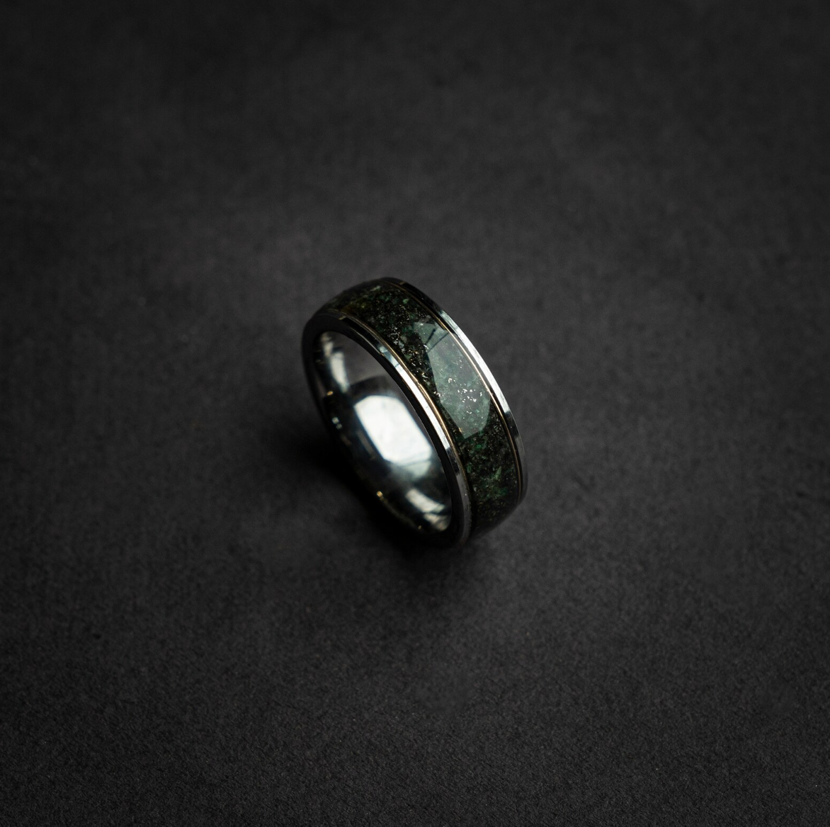 Silver Tungsten Ring, Genuine Moss Agate, Muonionalusta meteorite, 18k Yellow Golden Wires