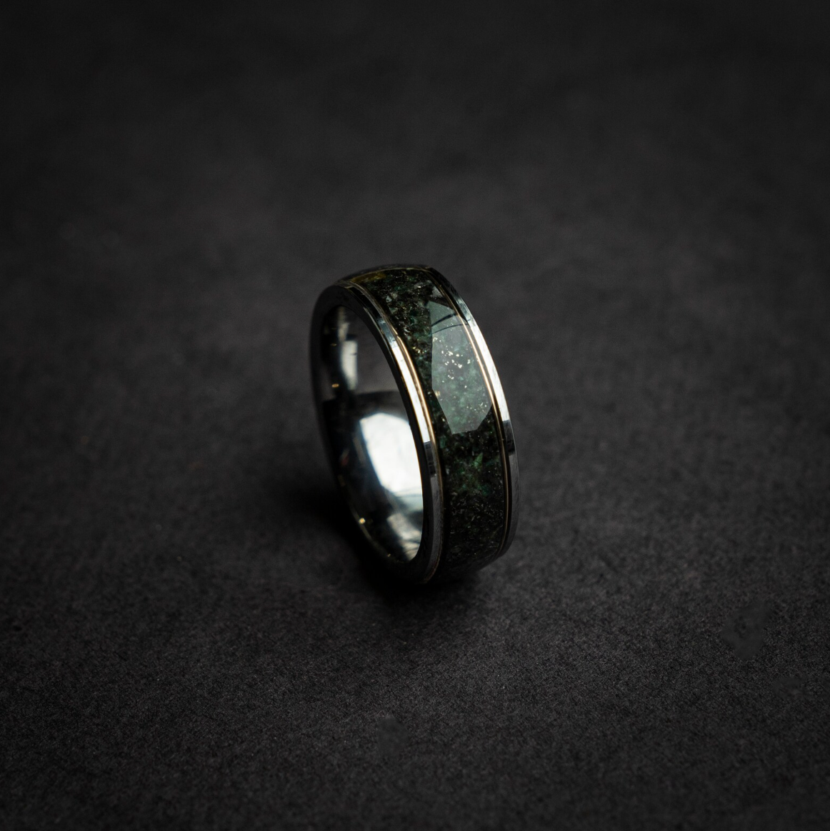 Silver Tungsten Ring, Genuine Moss Agate, Muonionalusta meteorite, 18k Yellow Golden Wires