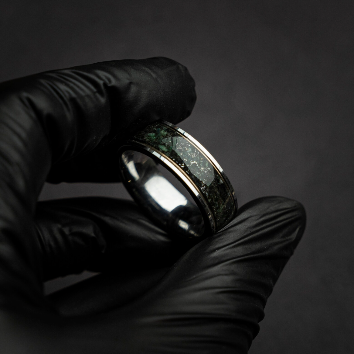 Silver Tungsten Ring, Genuine Moss Agate, Muonionalusta meteorite, 18k Yellow Golden Wires