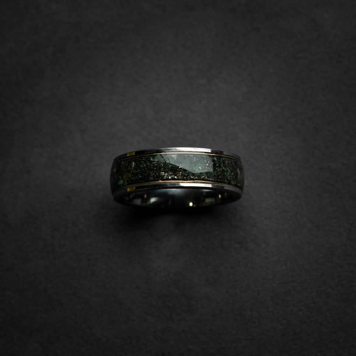 Silver Tungsten Ring, Genuine Moss Agate, Muonionalusta meteorite, 18k Yellow Golden Wires