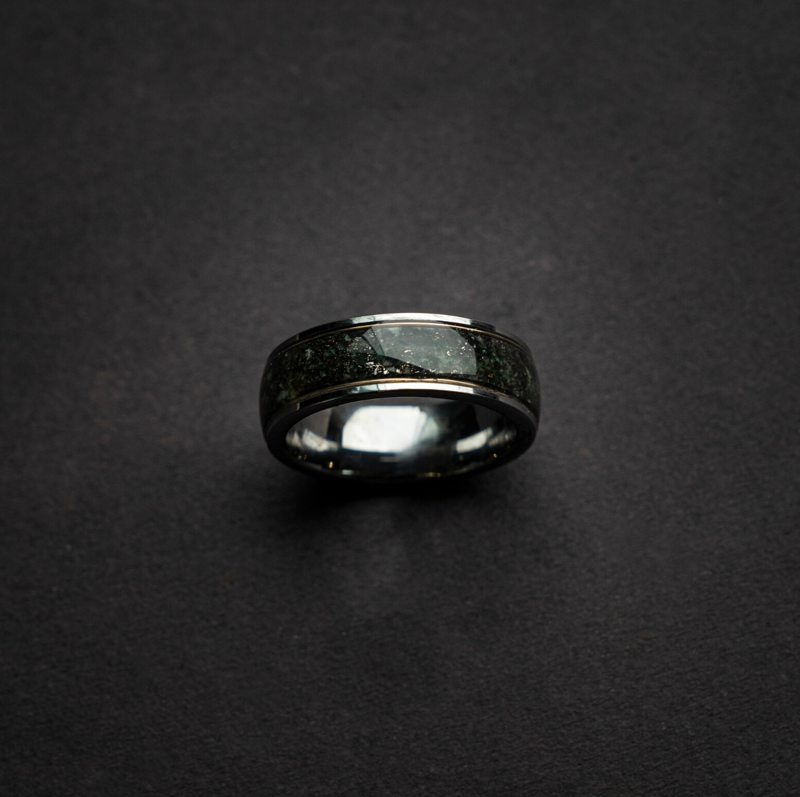 Silver Tungsten Ring, Genuine Moss Agate, Muonionalusta meteorite, 18k Yellow Golden Wires