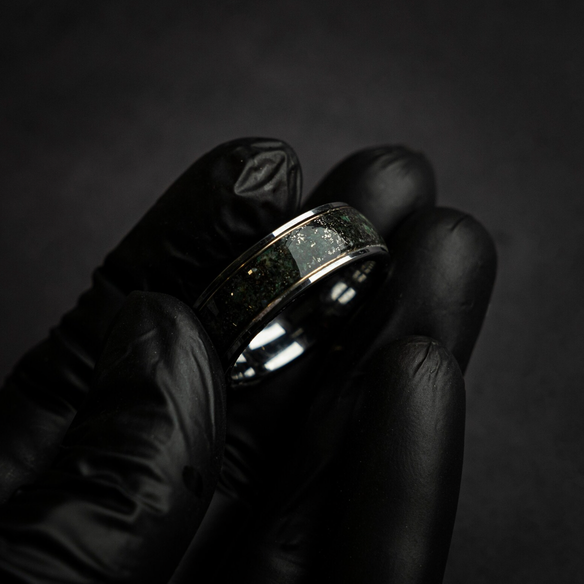 Silver Tungsten Ring, Genuine Moss Agate, Muonionalusta meteorite, 18k Yellow Golden Wires
