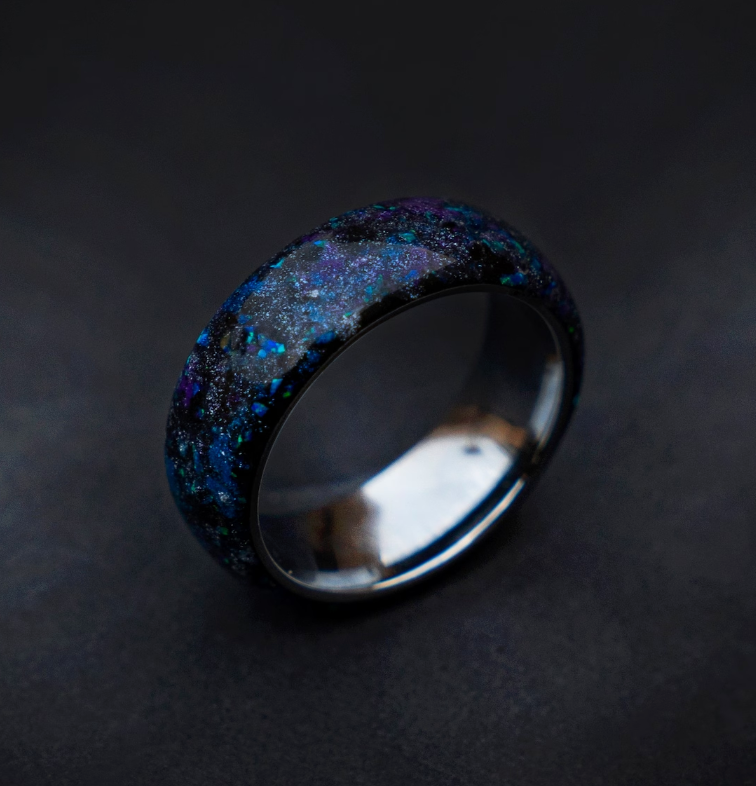 Flat ceramic ring filled blue mixed with small amount of purple, meteorite dust, little blue glow 8 mm for Willie - Decazi