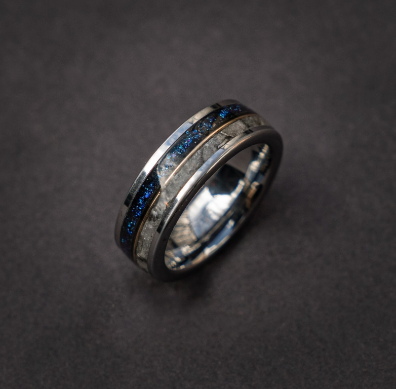 Flat tungsten ring filled with mars and galaxy opal divided by 18k yellow gold wire in the middle 6 mm for Elise - Decazi