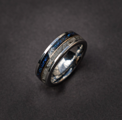 Flat tungsten ring filled with mars and galaxy opal divided by 18k yellow gold wire in the middle 6 mm for Elise - Decazi