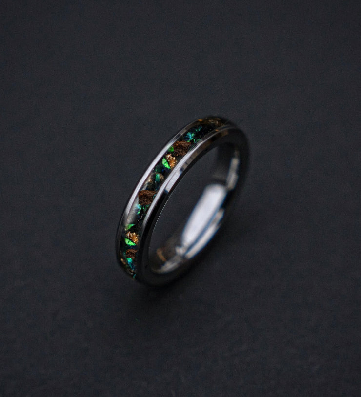Beveled tungsten ring filled with Meteorite, T-rex and dark turqouise opal 4 mm Sandblasted finish for Sebastian - Decazi