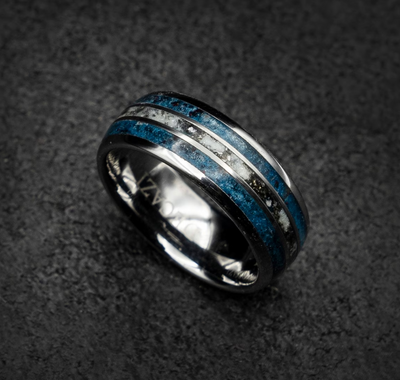 Beveled tungsten ring fileld with lake blue opal mixed with blue pigment Match bigger ring 4 mm for Rebecca - Decazi