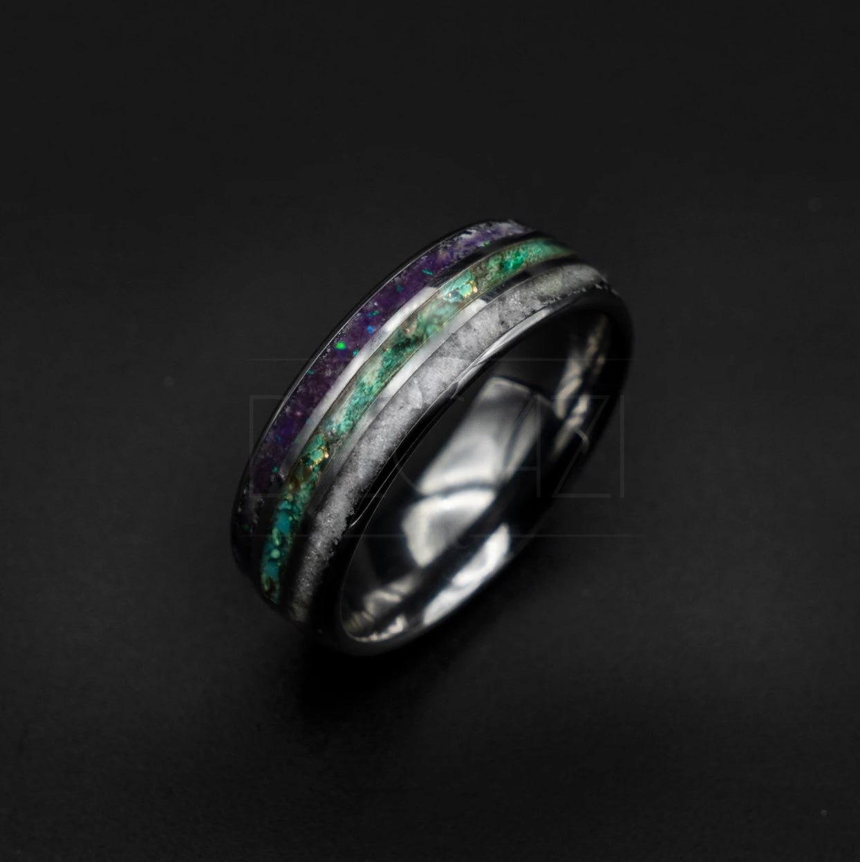 Triple inlay tungsten filled with moonstone, emerald and amethyst 8 mm for Shaik