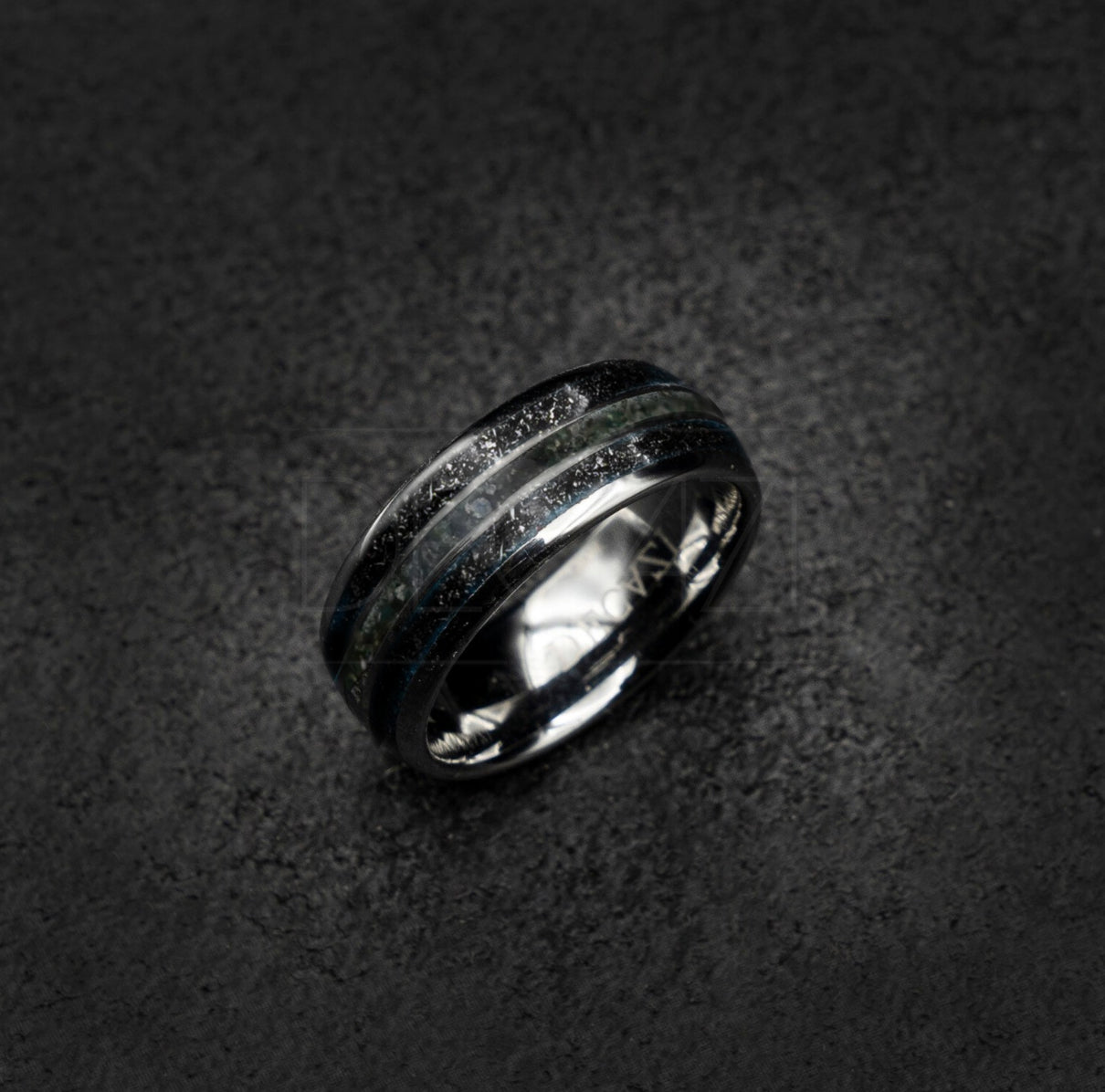 Triple inlay tungsten filled with meteorite - moss agate - meteorite 8 mm width for Rosa