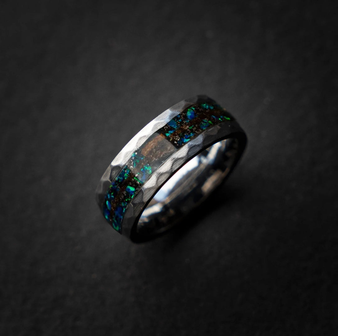 Hammered tungsten ring fileld with Muonionalusta mixed with meteorite dust and Trex dinosaur bone 8 mm for Christopher