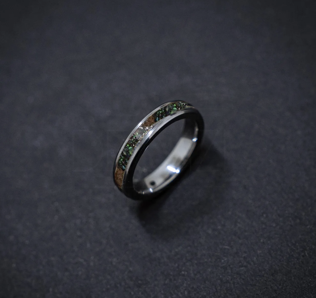 Custom order: 4 mm Beveled tungsten filled with black opal green fire, trex and meteorite for Ketebox