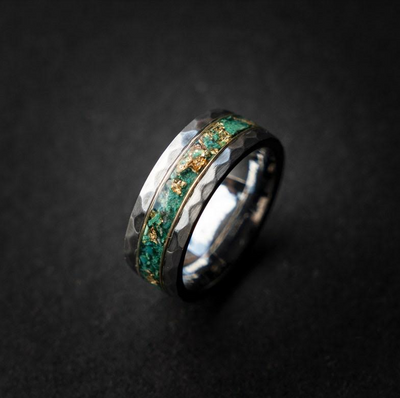 Domed tungsten ring filled with emerald, ruby, blue topaz, triceratops dinosaur bone enclosed by two 18k yellow gold wire 10 mm for Jaime - Decazi