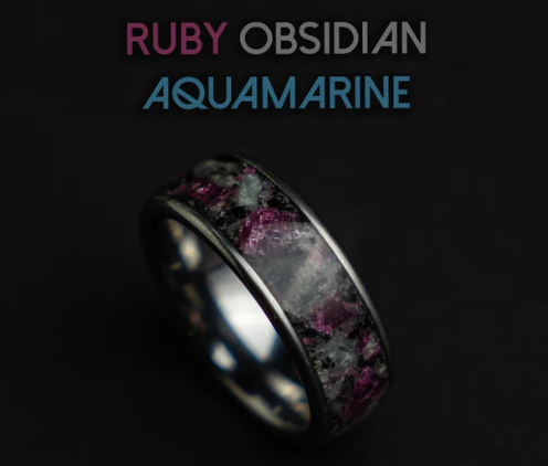 Beveled tungsten ring filled with Ruby, Obsidian and Aquamarine 4 mm for Nate