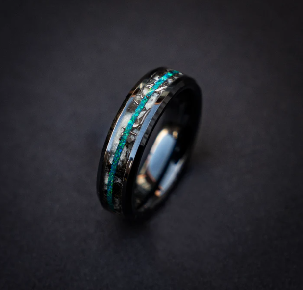 Beveled ceramic ring filled with glow mixed with meteorite and blue opal middle line 6 mm for Mags