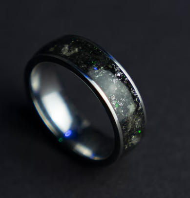 Custom order: Flat tungsten ring 8 mm with Moldavite, green and blue opal and green glow NO STONES