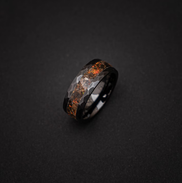 Hammered ceramic ring filled with MORE mexican fire opal, meteorite and trex 8 mm for Ashley