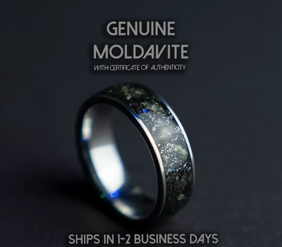 Custom order: Flat tungsten ring 8 mm with Moldavite, green and blue opal and green glow NO STONES