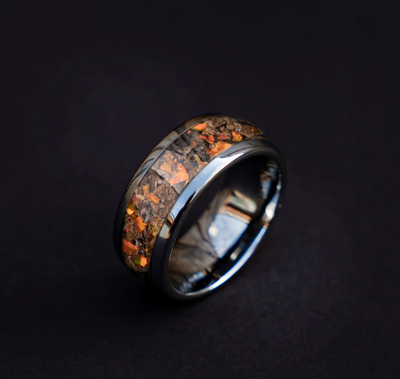Domed tungsten ring filled with Mexican Fire opal and Glow 10 mm for Kevin - Decazi
