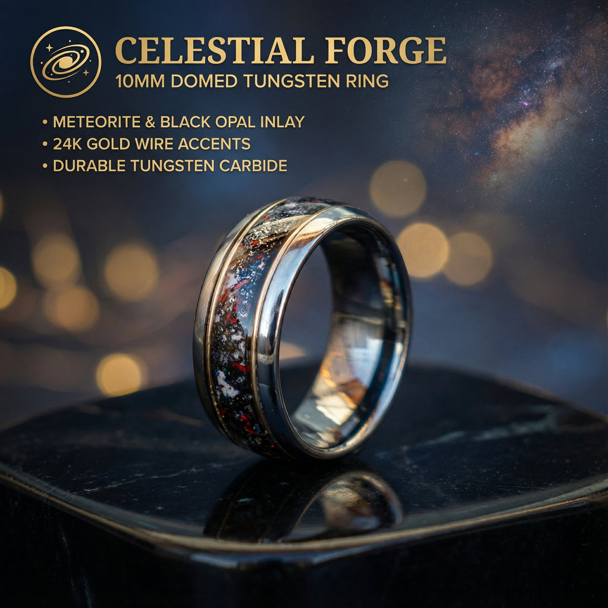 Tungsten ring filled with meteorite dust, red opal and 18k gold