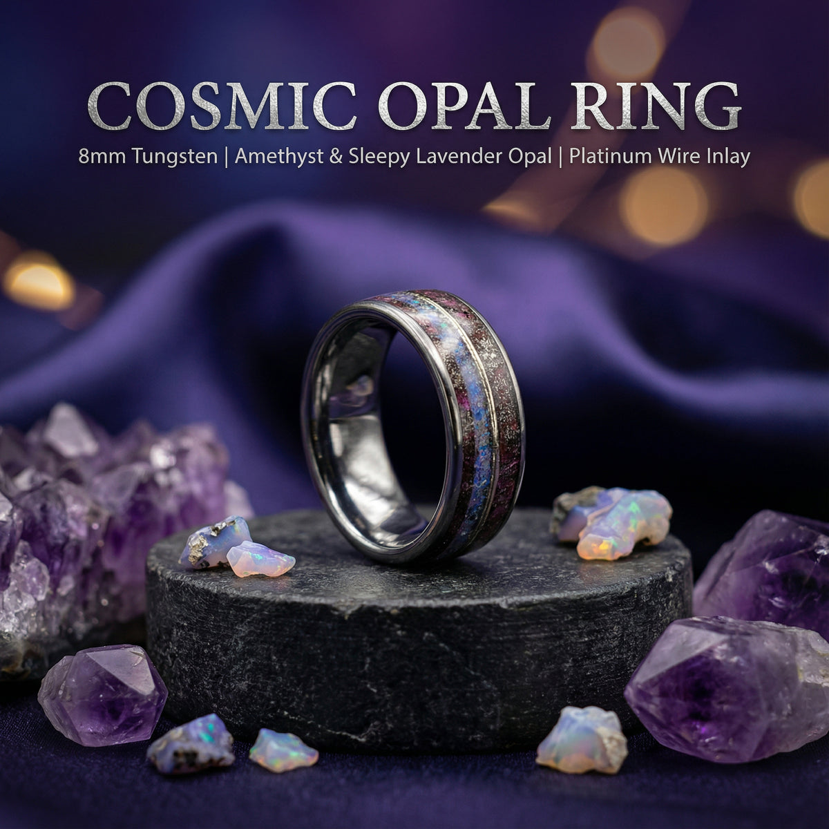 Amethyst Meteorite Lavender Opal Tungsten Ring