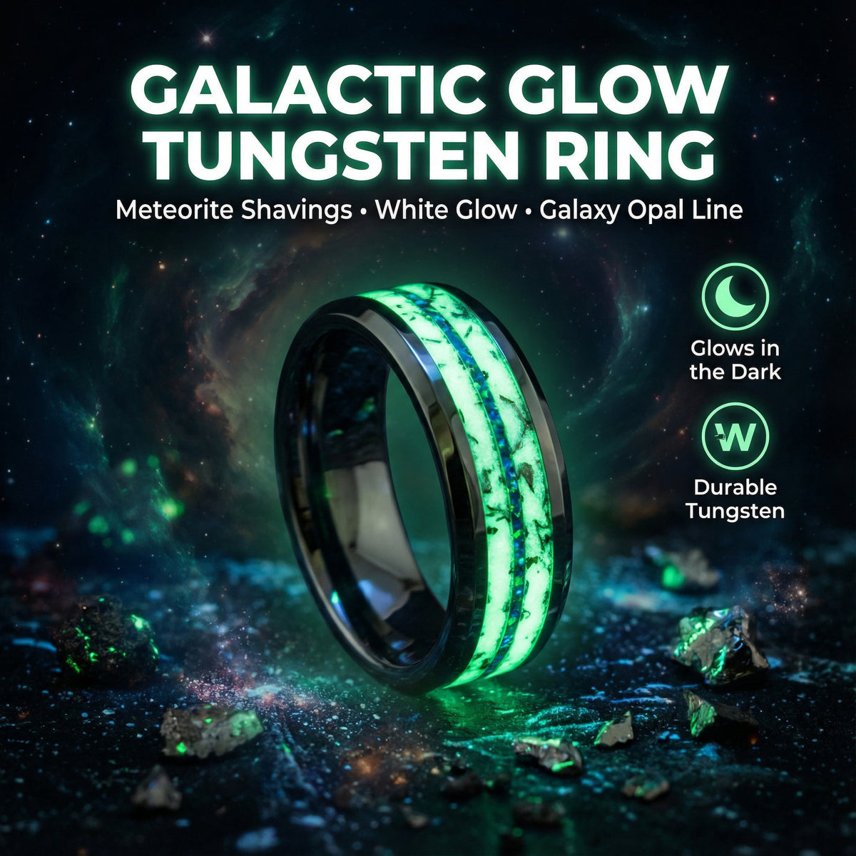 Opal Tungsten Beveled Ring Meteorite Marble