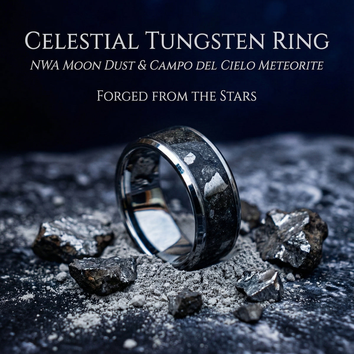 Beveled tungsten ring filled with Moondust and Campo Del Cielo meteorite
