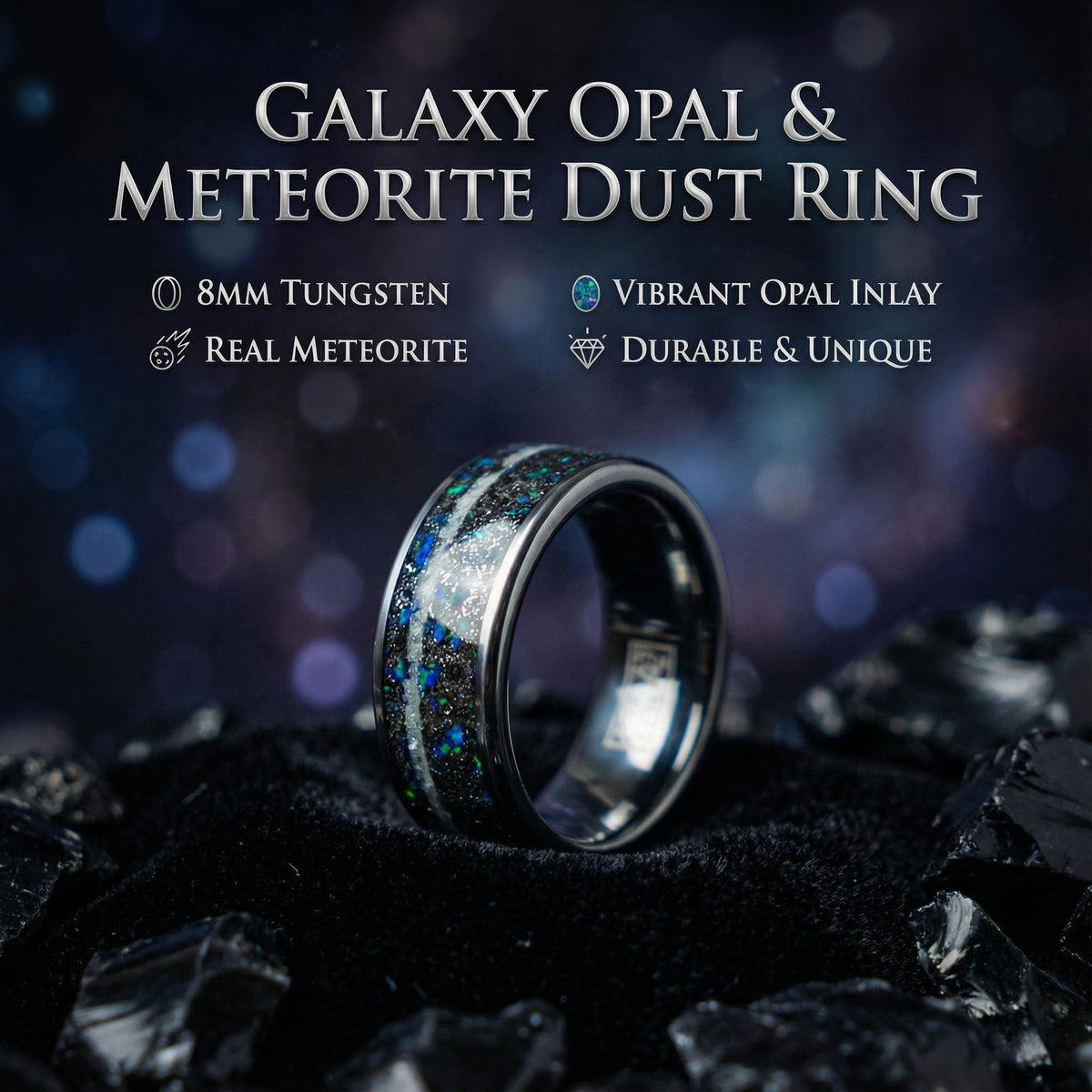 Meteorite Opal Crushed Pearl Silver Tungsten Ring