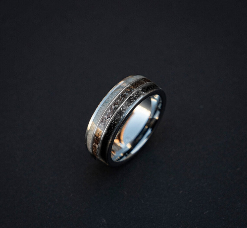 Flat tungsten ring filled with moonstone, megalodon, meteorite divided by two silver wires 8 mm for Tim - Decazi