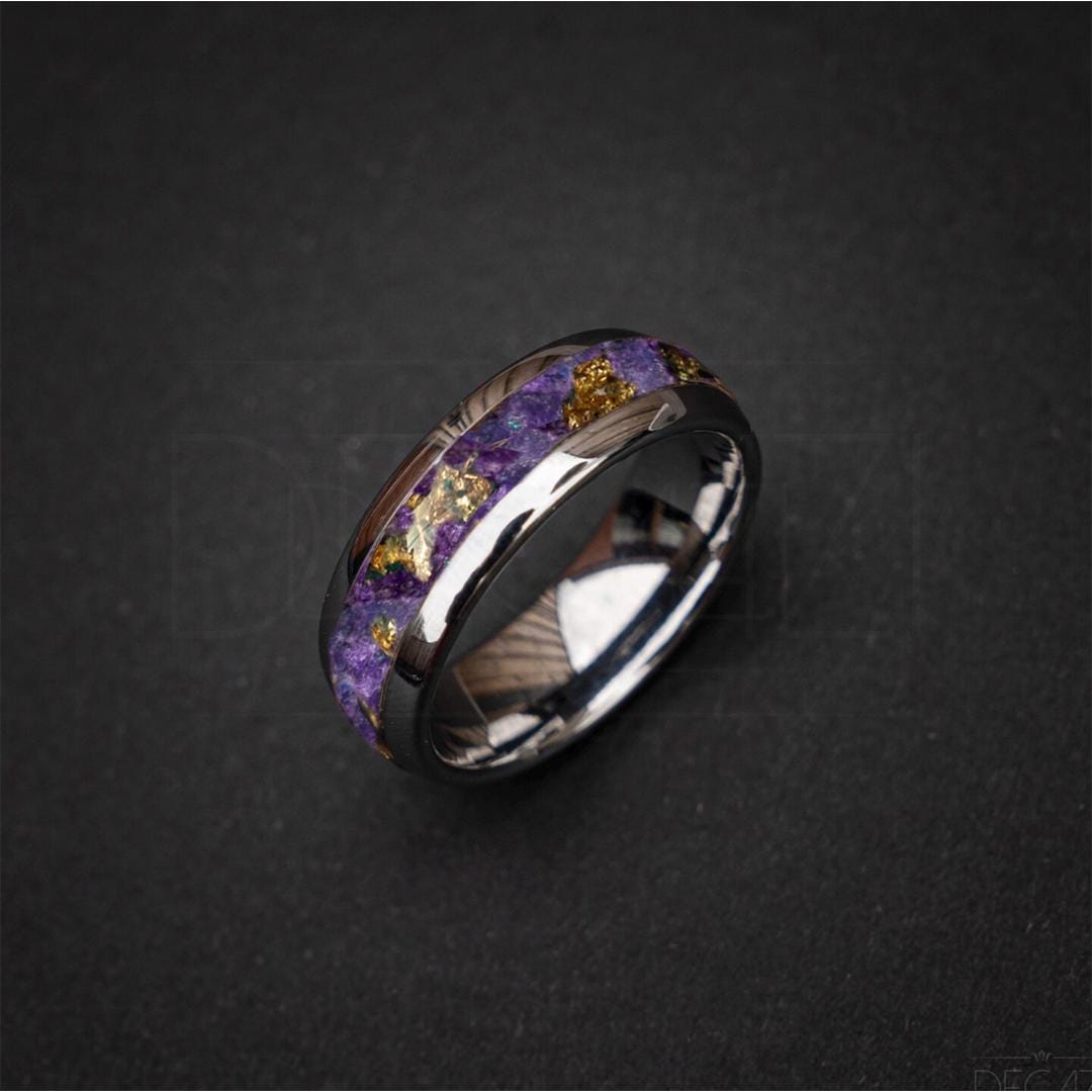 Domed tungsten ring filled with Amethyst and gold leaf 8 mm for Jared