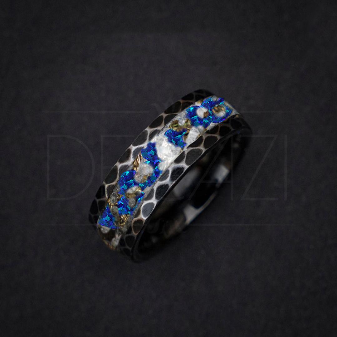 Hammered black tungsten ring filled with blue sapphire opal, mokume gane and muonionalusta meteorite shavings and rainbow moonstone 8 mm for Janice