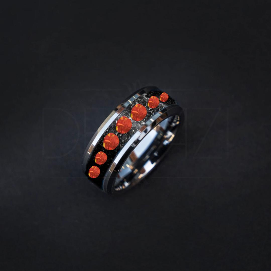 Beveled tungsten ring filled muonionalusta dust and 7 glow in the dark orange balls 8 mm for Devyn