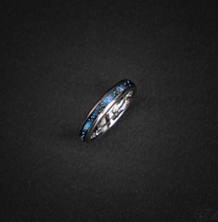 Domed tungsten ring filled with Cornflower blue opal mixed with meteorite 4 mm width for Darren